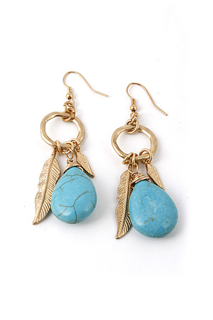 Teardrop Stone Bead Feather Charm Dangle Earring 5FBI12